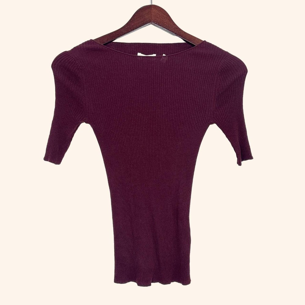 Vince Burgundy Ribbed Cotton Knit Top Size XS